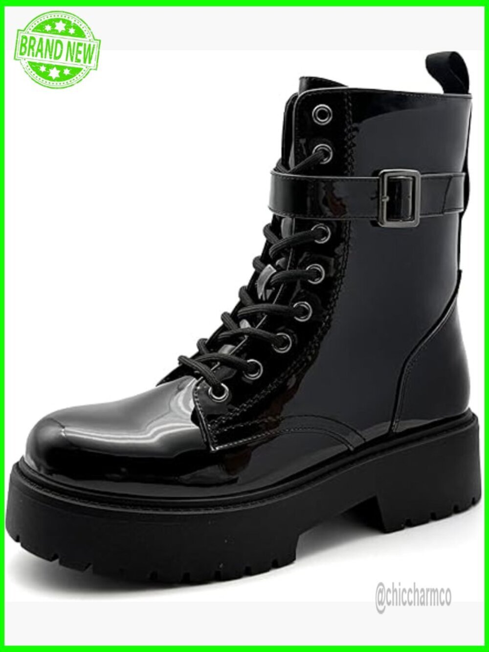 Chunky Heel Patent Leather Combat Boots Ankle Booties Lace-Up Side Zip